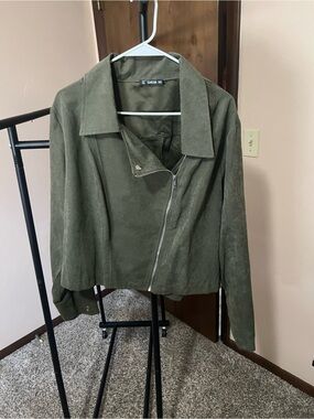 SHEIN Olive Green Suede-Effect Asymmetrical Zip Jacket
